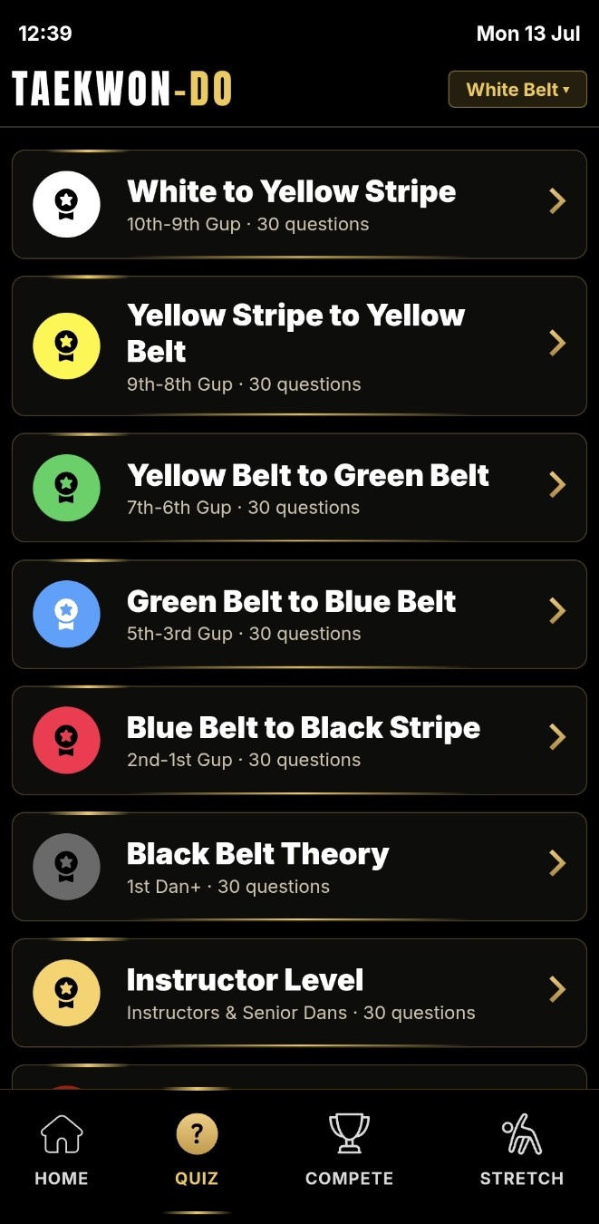 Taekwon-Do belt level quiz selection